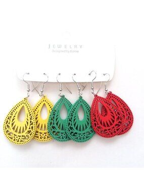 Earrings Wood Large 3pr Hollow Dangle Boho Hippie Canabis Trendy Rasta Raggae